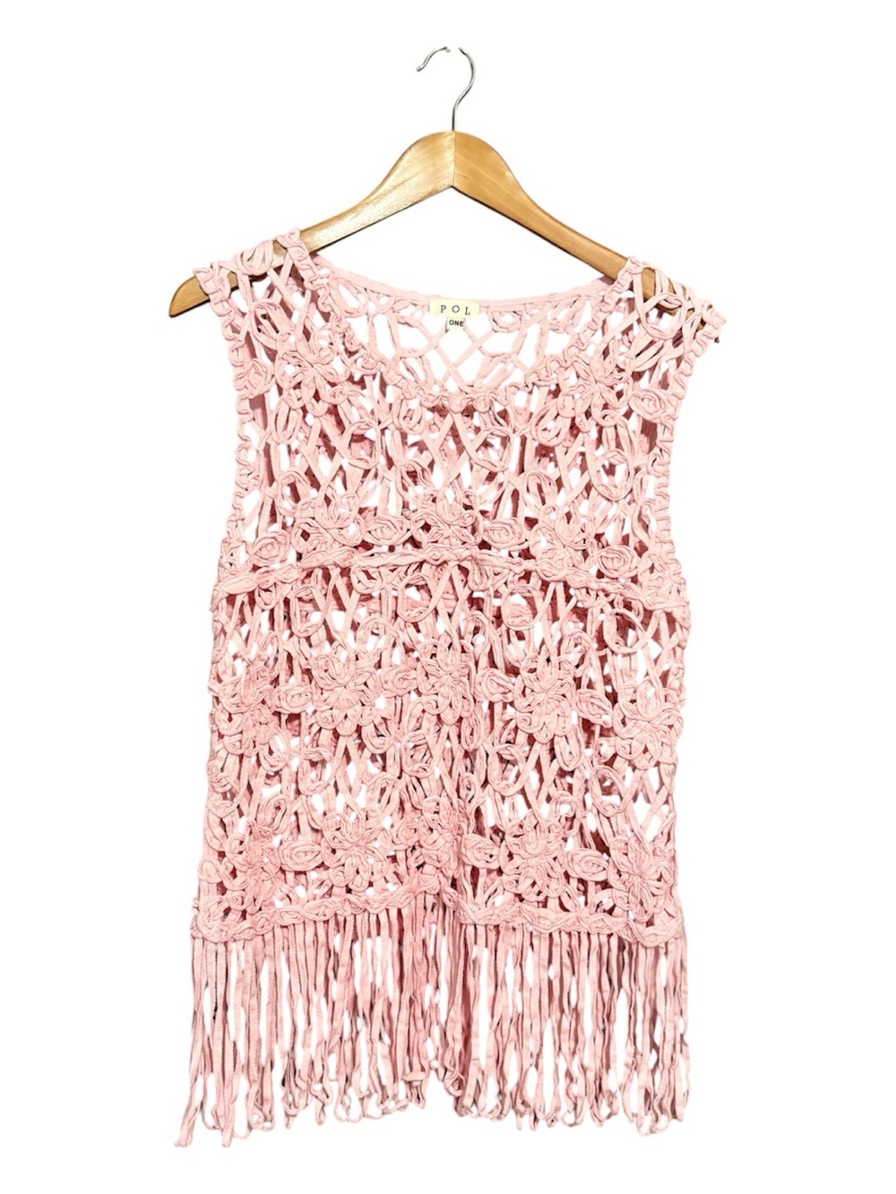 POL Pink Crocheted Knit Fringe Sleeveless Top